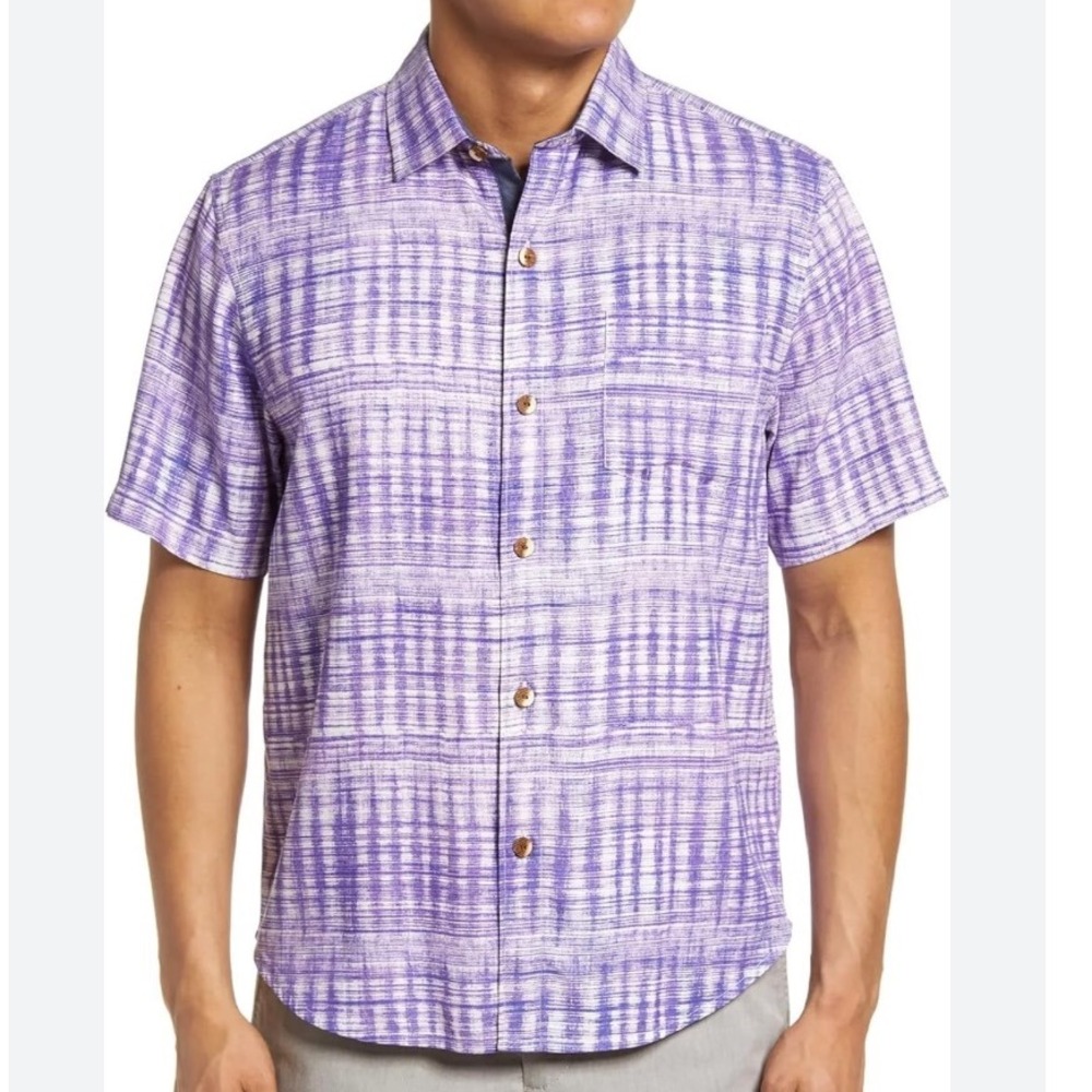 Tommy Bahama Button Up Shirt Purple Plaid Short Sleeve Casual - Silk M‎ - Picture 12 of 12